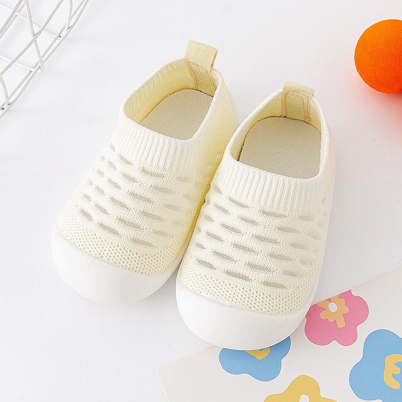 Chaussons pour bébé avec semelle souple, surface en maille tricotée à volants, respirantes