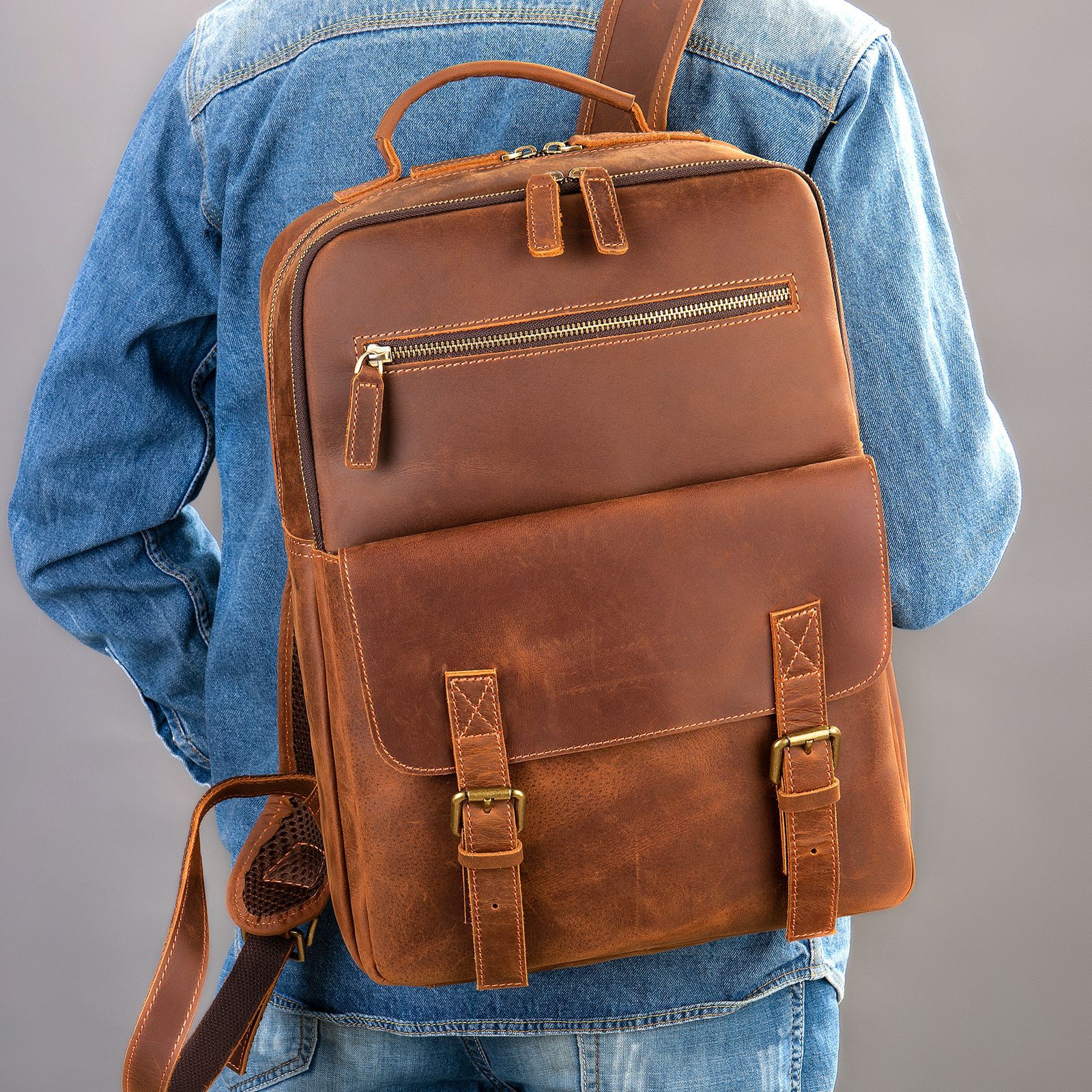 Sac à dos rétro en cuir Crazy Horse pour homme