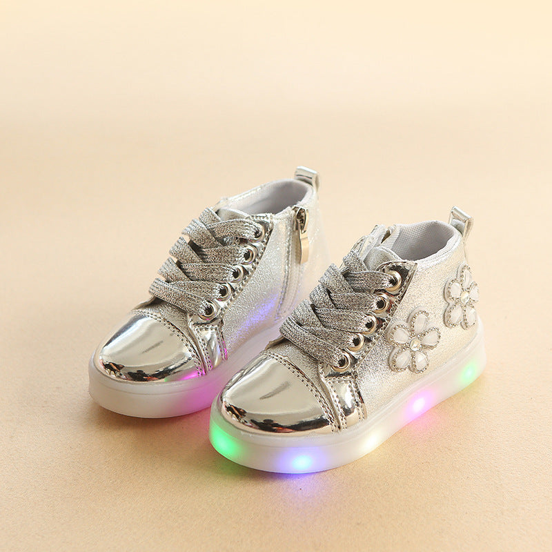 Chaussures lumineuses décontractées à strass et fleurs, style dessin animé, LED clignotantes