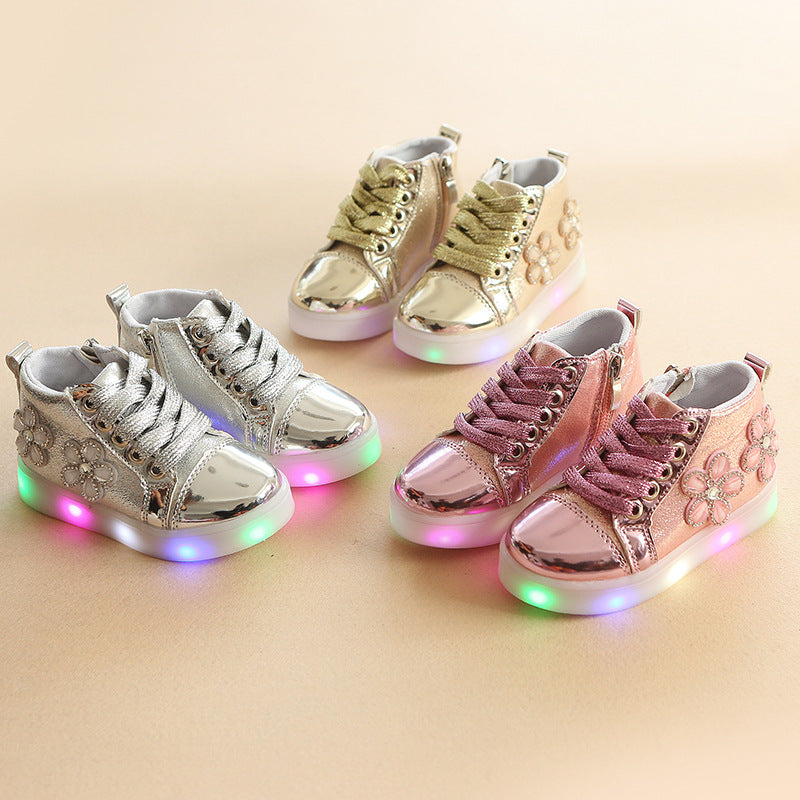 Chaussures lumineuses décontractées à strass et fleurs, style dessin animé, LED clignotantes
