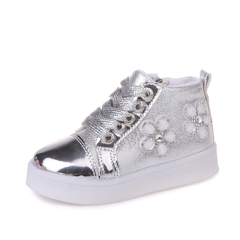 Chaussures lumineuses décontractées à strass et fleurs, style dessin animé, LED clignotantes