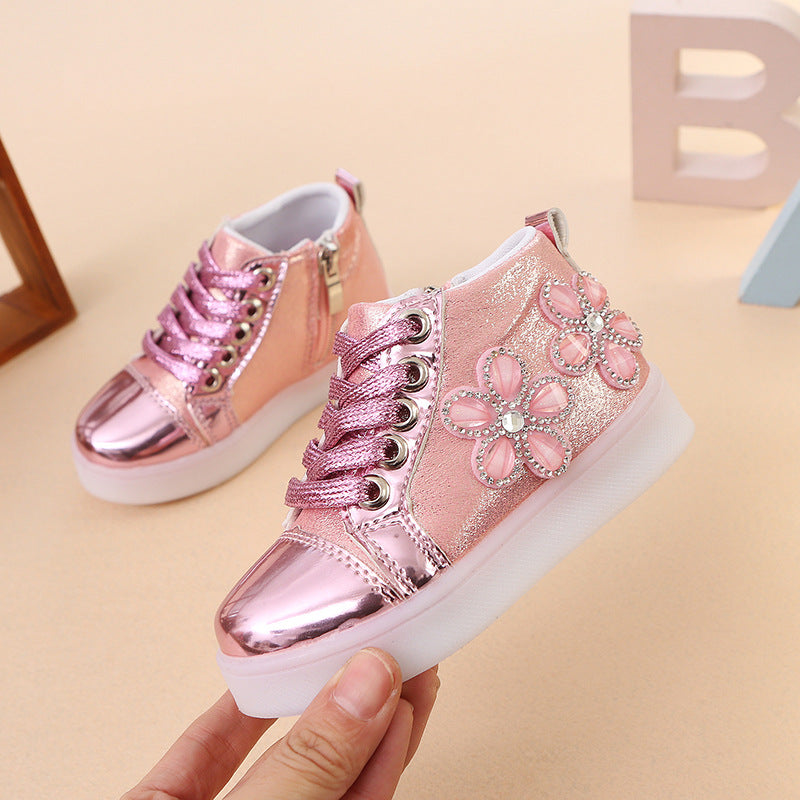 Chaussures lumineuses décontractées à strass et fleurs, style dessin animé, LED clignotantes