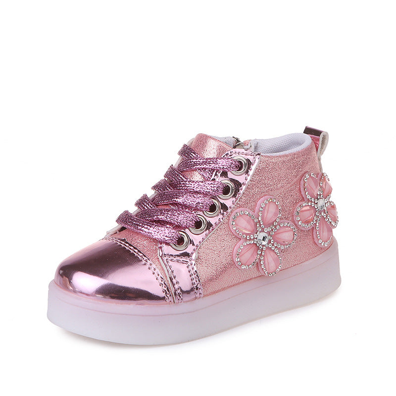 Chaussures lumineuses décontractées à strass et fleurs, style dessin animé, LED clignotantes