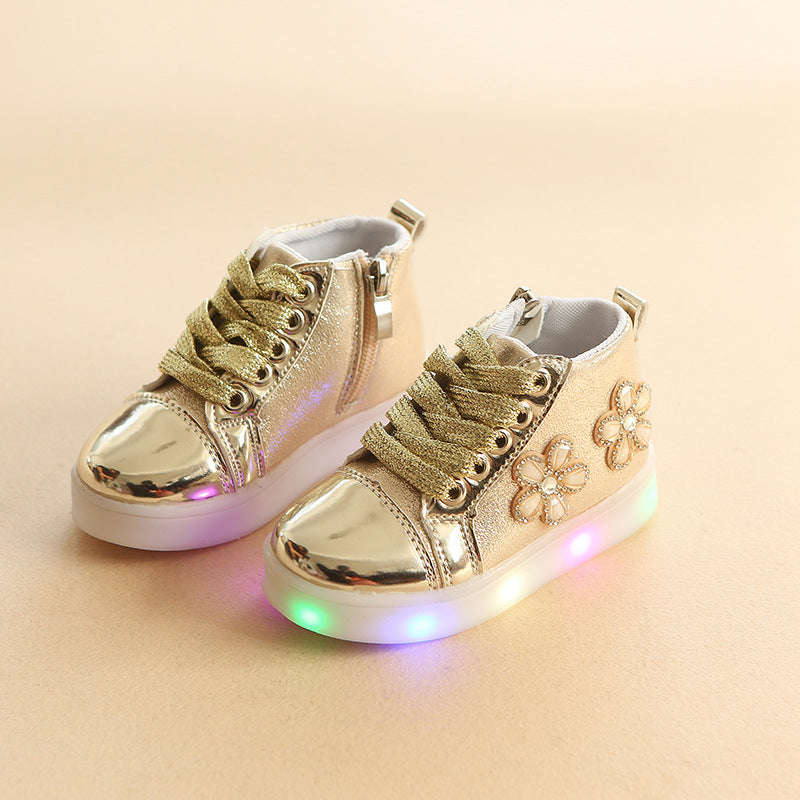 Chaussures lumineuses décontractées à strass et fleurs, style dessin animé, LED clignotantes
