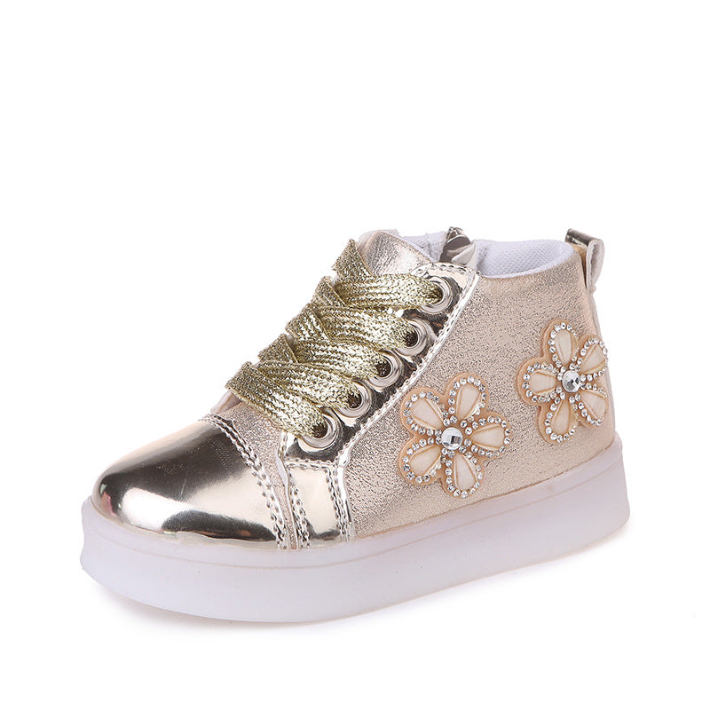 Chaussures lumineuses décontractées à strass et fleurs, style dessin animé, LED clignotantes