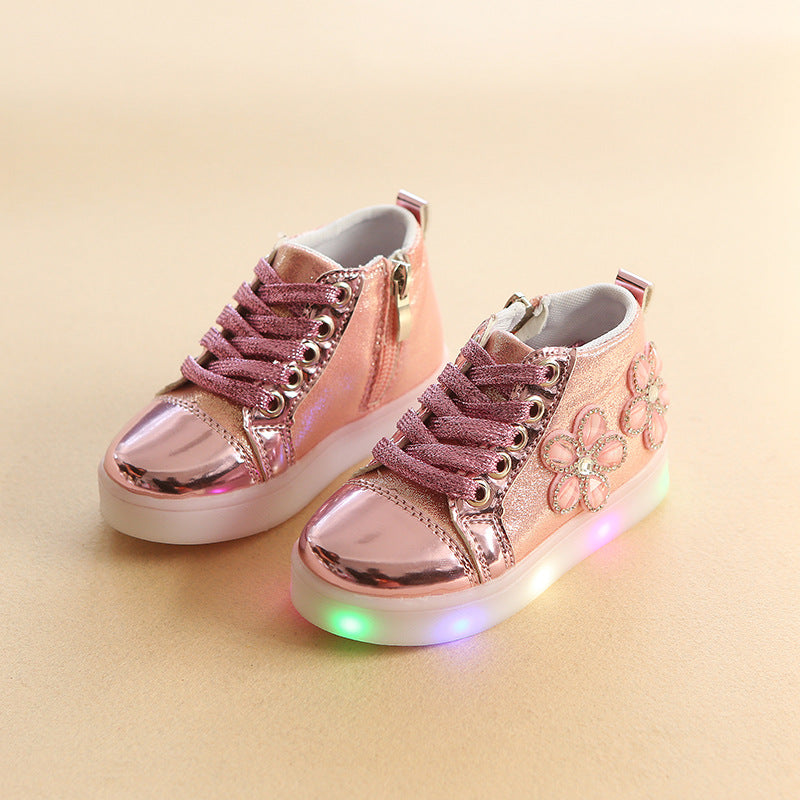 Chaussures lumineuses décontractées à strass et fleurs, style dessin animé, LED clignotantes