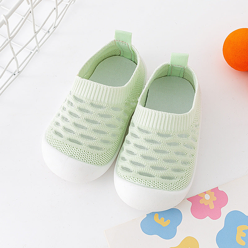 Chaussons pour bébé avec semelle souple, surface en maille tricotée à volants, respirantes
