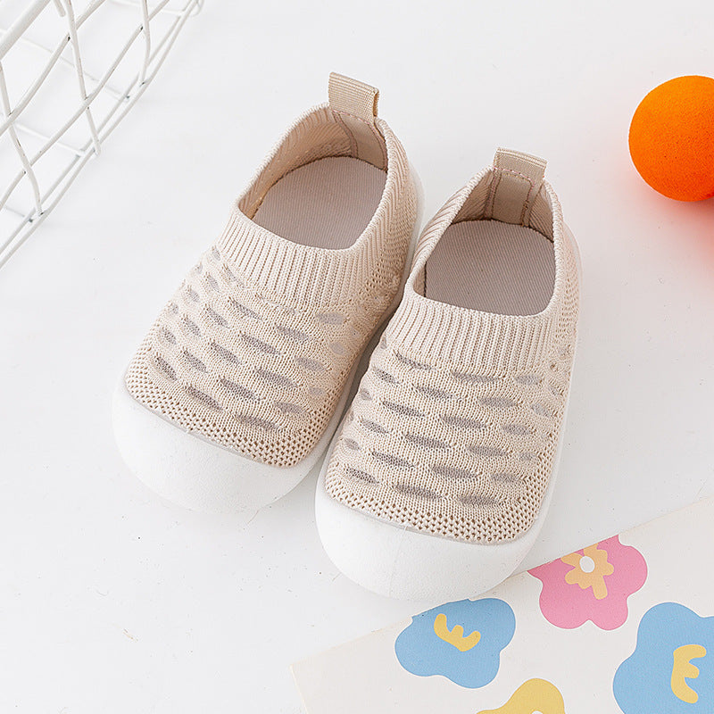 Chaussons pour bébé avec semelle souple, surface en maille tricotée à volants, respirantes