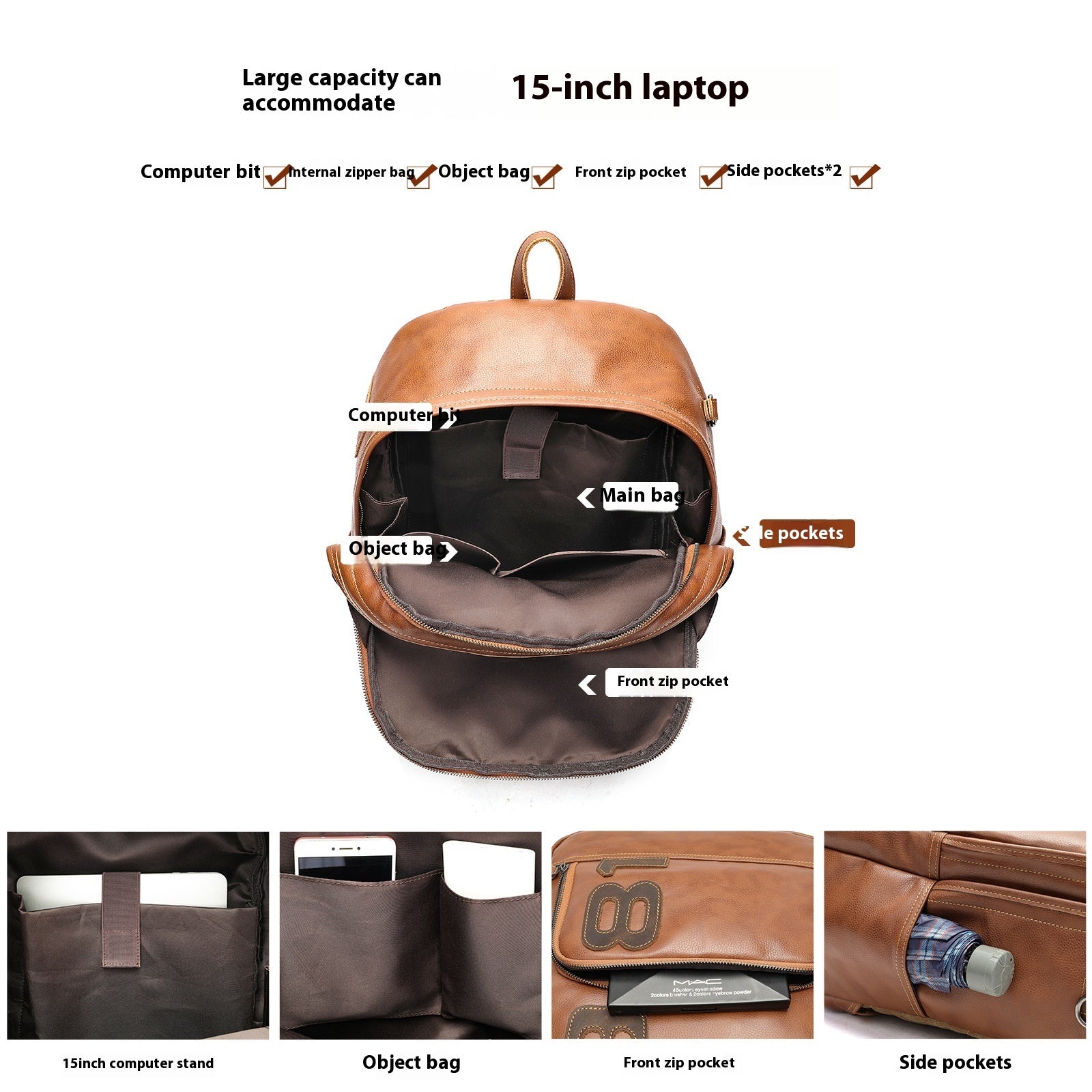 Sac à dos en cuir grande capacité
