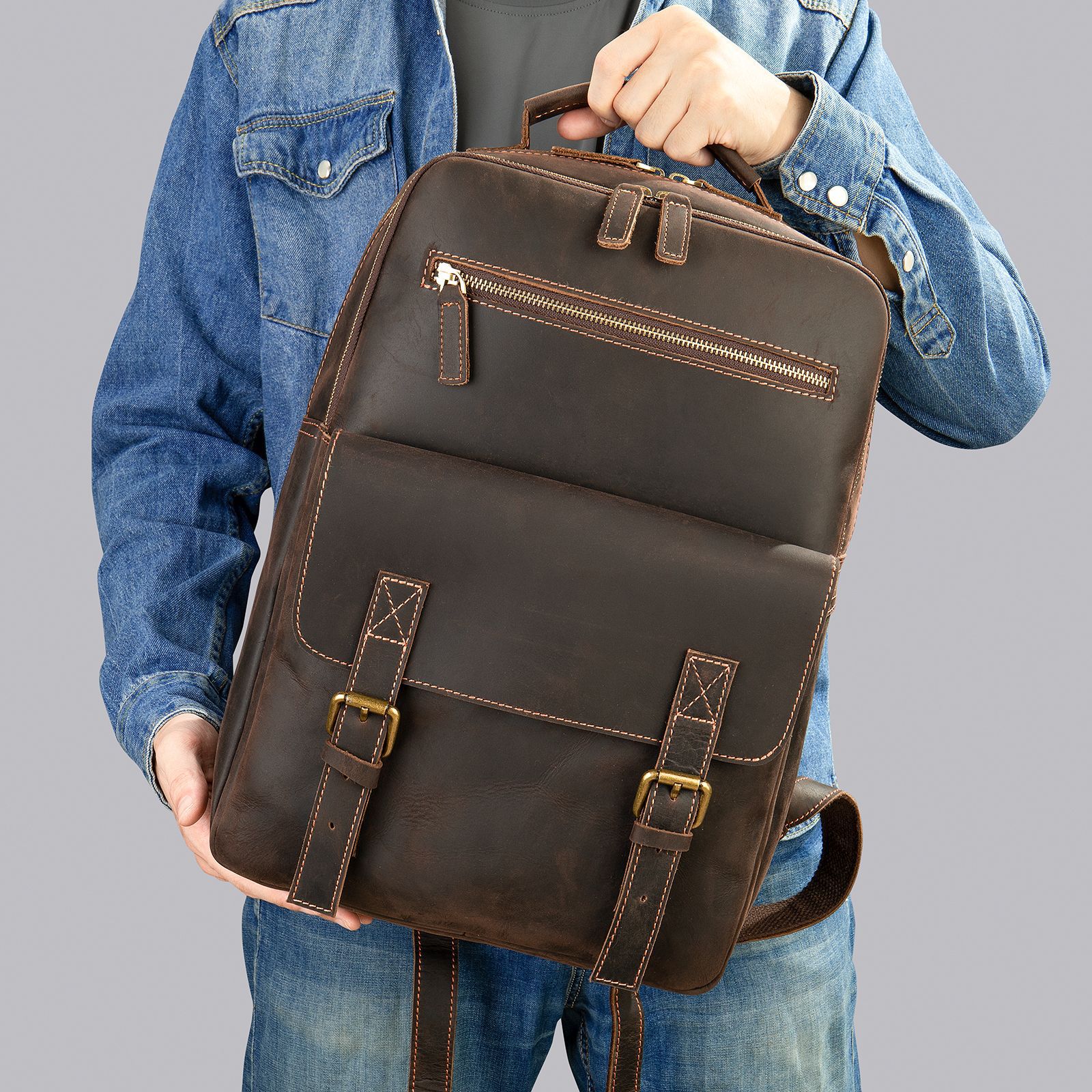 Sac à dos rétro en cuir Crazy Horse pour homme